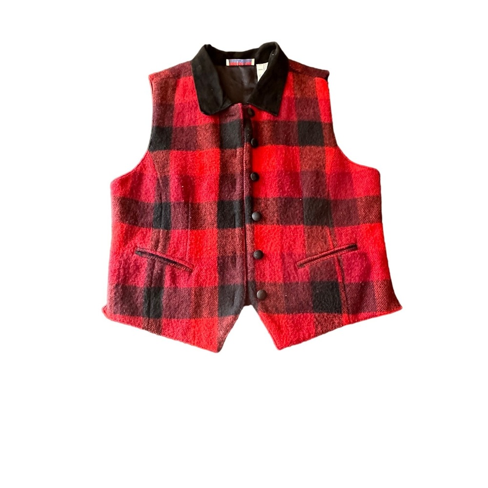 Westport Ltd Vest Red Black Buffalo Plaid Wool Blend Leather Collar Button Front